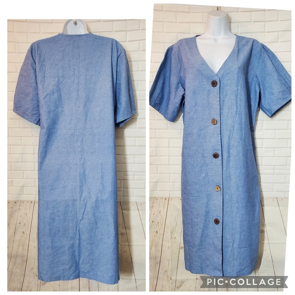 Ashley Stewart Blue Denim Button-Down V-Neck Dress - Picture 1 of 8